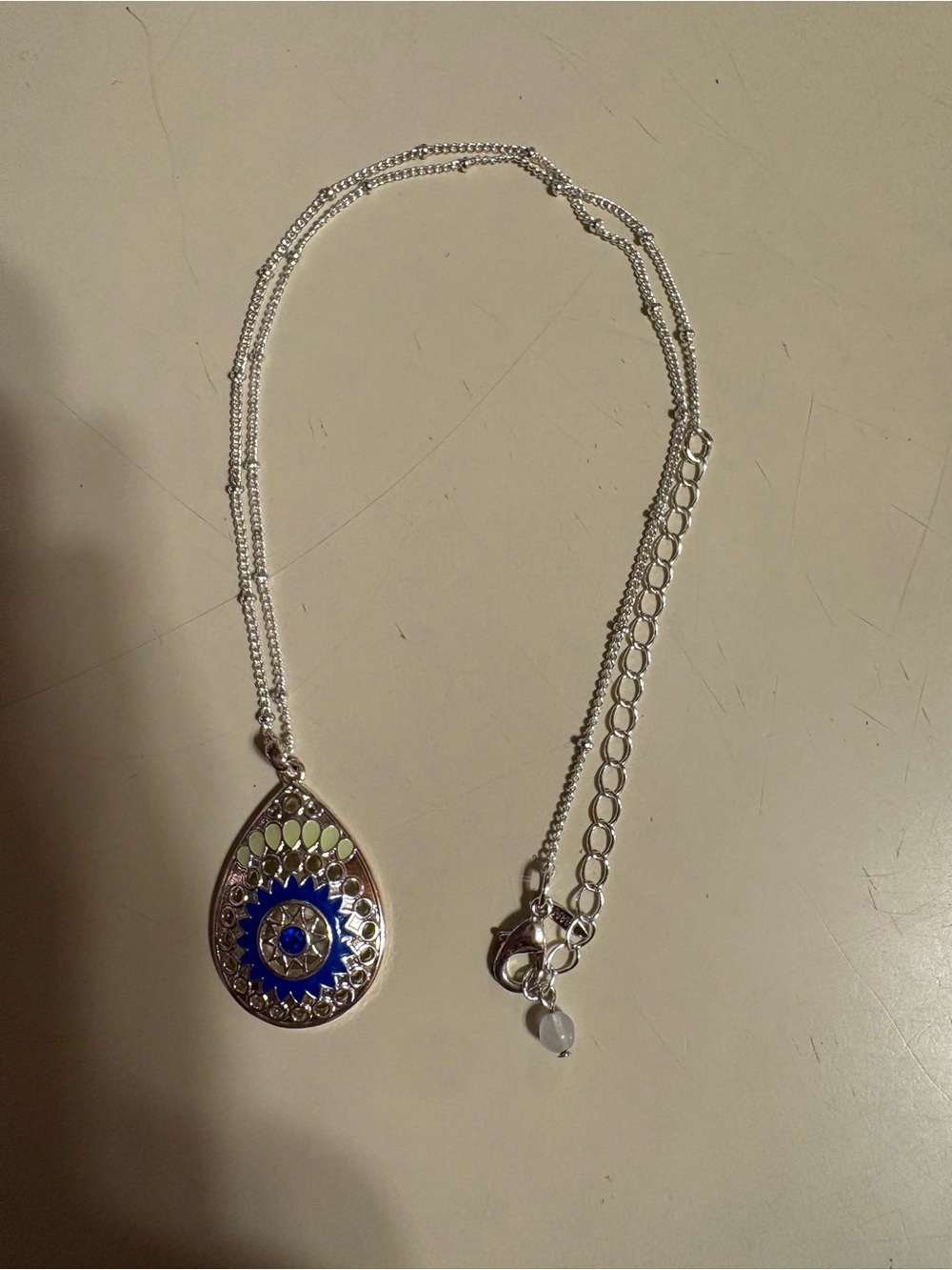 Avon Silver Teardrop Necklace with Blue & Cream Enamel